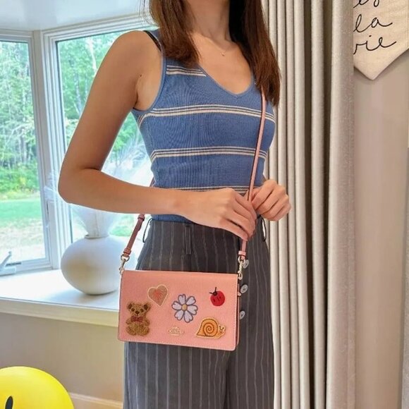 Coach Handbags - Coach CC469 Anna Foldover Clutch Crossbody With Creature Patches Candy Pink Mult